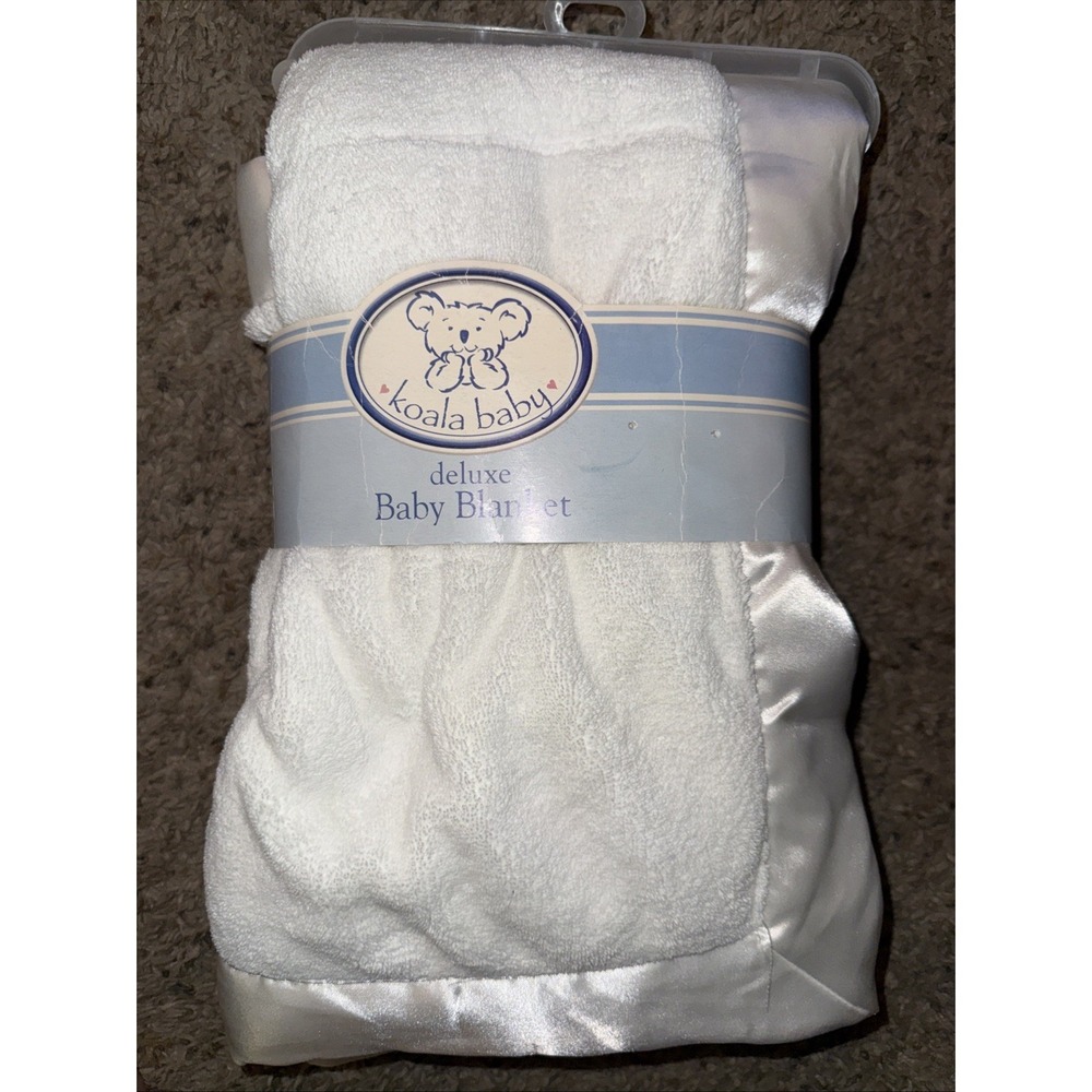 Vtg‎ Koala Baby White Deluxe Baby Blanket Thick Silky Satin Edge Trim Crib NOS